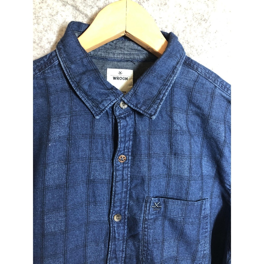WROGN Shirt Mens Large Blue Check 100% Cotton Slim Fit Button Front Casual